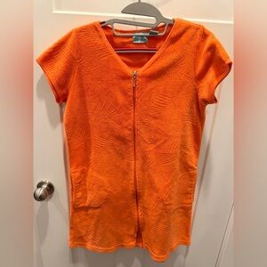 Palm Grove Zip Front Terry Lounge Dress Medium Orange Cover Up